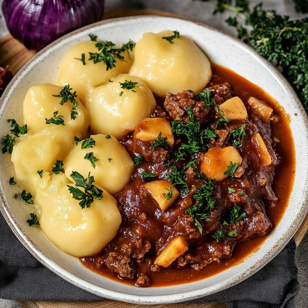 Veganes Gulasch mit Klöße & Apfel-Rotkohl